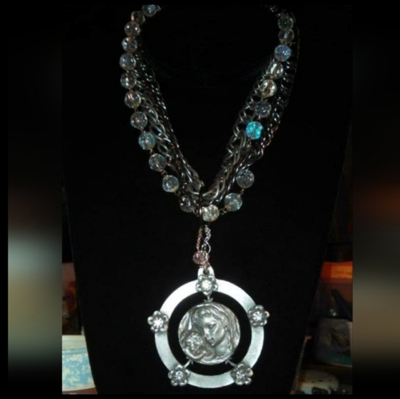 Vtg 60s Italy pewter Mary baby jesus Swarovski beads chunky chain necklace NWT - Picture 11 of 16